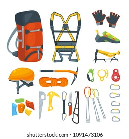 Climbing equipment, vector icons and design elements set. Mountaineering extreme sport gears and accessories, cartoon style illustration.