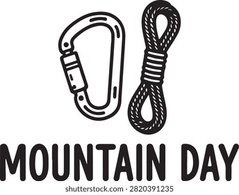 Climbing equipment vector illustration featuring a metallic carabiner and sturdy nylon rope for celebrating mountain day adventures in black ink