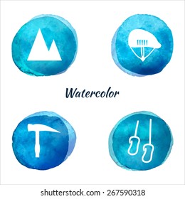 Climbing equipment watercolor set icons on white background