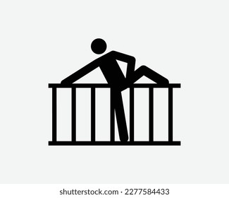 Climbing Fence Icon Climb Over Barrier Trespassing Intruder Vector Black White Silhouette Symbol Sign Graphic Clipart Artwork Illustration Pictogram svg