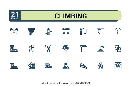 Climbing filled icon collection. Includes flat solid adventure, hiking, climber, tourism, climbing, outdoors, . Minimalistic web and UI icons. Vector illustration.