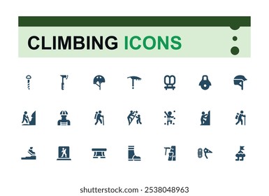 Climbing filled icon collection. Includes flat solid adventure, hiking, climber, tourism, climbing, outdoors, . Minimalistic web and UI icons. Vector illustration.