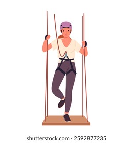 Climbing fun adventure of young woman in rope park. Girl in safety harness belt and helmet standing on wooden platform, holding rope for extreme leisure and challenge cartoon vector illustration