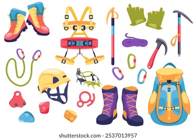 Equipo de equipo de escalada mega set Elementos en Diseño gráfico plano. Colección de objetos de botas, arnés, guantes, cuerdas, cascos, ganchos, garras, cerraduras, cinturones, otras herramientas de alpinismo. Ilustración vectorial.