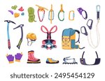 Climbing gear equipment. Mountaineering tool climber stuff elements for mountain rock climb safety rope knot harness carbines helmet ice ax extreme sport classy vector illustration authors graphics