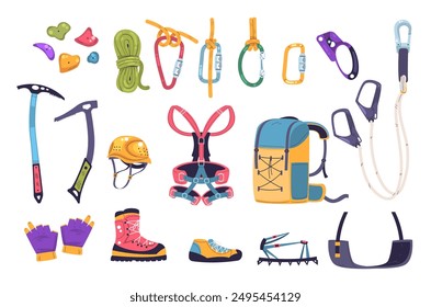 Climbing gear equipment. Mountaineering tool climber stuff elements for mountain rock climb safety rope knot harness carbines helmet ice ax extreme sport classy vector illustration authors graphics