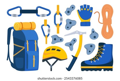 Climbing gear equipment. Mountaineering tool climber stuff elements for mountain rock climb safety rope knot harness carbines helmet ice ax extreme sport. Vector illustration