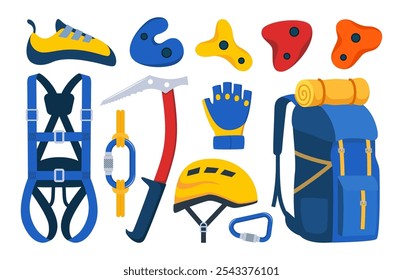 Climbing gear equipment. Mountaineering tool climber stuff elements for mountain rock climb safety rope knot harness carbines helmet ice ax extreme sport. Vector illustration