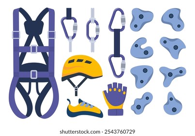 Climbing gear equipment. Mountaineering tool climber stuff elements for mountain rock climb safety rope knot harness carbines helmet ice ax extreme sport. Vector illustration