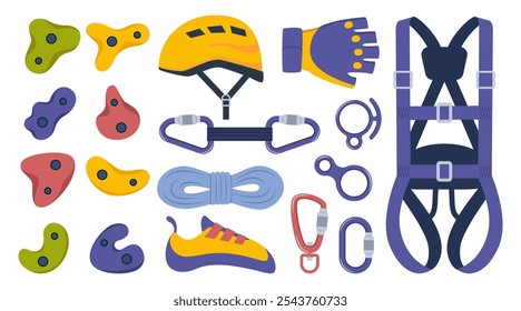 Climbing gear equipment. Mountaineering tool climber stuff elements for mountain rock climb safety rope knot harness carbines helmet ice ax extreme sport. Vector illustration