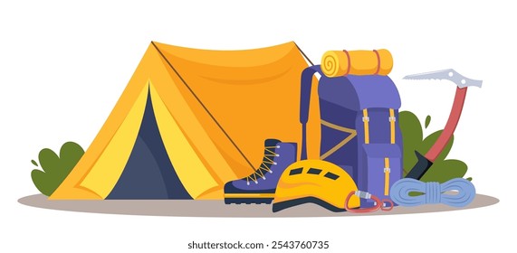 Climbing gear equipment. Mountaineering tool climber stuff elements for mountain rock climb safety rope knot harness carbines helmet ice ax extreme sport. Vector illustration