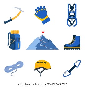 Climbing gear equipment. Mountaineering tool climber stuff elements for mountain rock climb safety rope knot harness carbines helmet ice ax extreme sport. Vector illustration