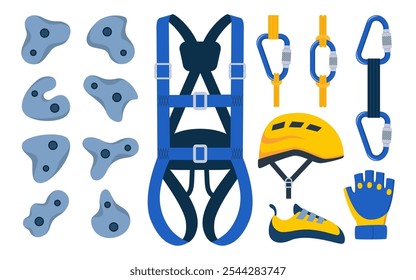 Climbing gear equipment. Mountaineering tool climber stuff elements for mountain rock climb safety rope knot harness carbines helmet ice ax extreme sport. Vector illustration