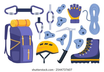 Climbing gear equipment. Mountaineering tool climber stuff elements for mountain rock climb safety rope knot harness carbines helmet ice ax extreme sport. Vector illustration