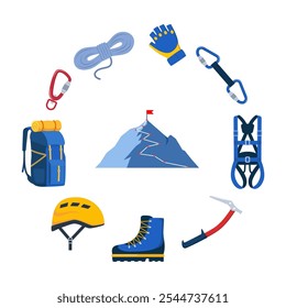 Climbing gear equipment. Mountaineering tool climber stuff elements for mountain rock climb safety rope knot harness carbines helmet ice ax extreme sport. Vector illustration