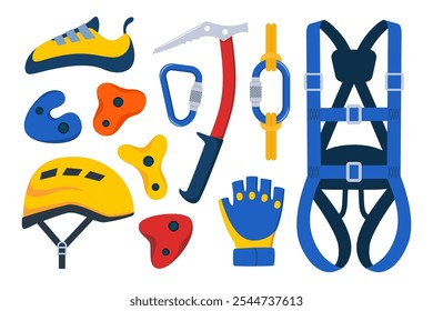 Climbing gear equipment. Mountaineering tool climber stuff elements for mountain rock climb safety rope knot harness carbines helmet ice ax extreme sport. Vector illustration