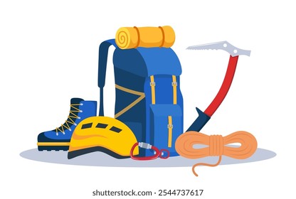 Climbing gear equipment. Mountaineering tool climber stuff elements for mountain rock climb safety rope knot harness carbines helmet ice ax extreme sport. Vector illustration