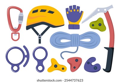 Climbing gear equipment. Mountaineering tool climber stuff elements for mountain rock climb safety rope knot harness carbines helmet ice ax extreme sport. Vector illustration