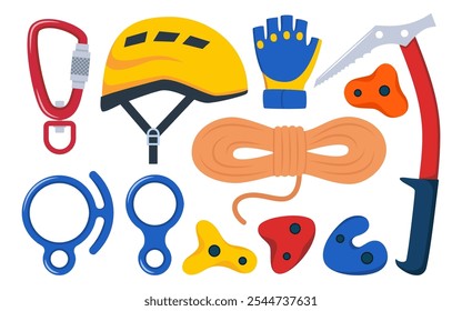 Climbing gear equipment. Mountaineering tool climber stuff elements for mountain rock climb safety rope knot harness carbines helmet ice ax extreme sport. Vector illustration