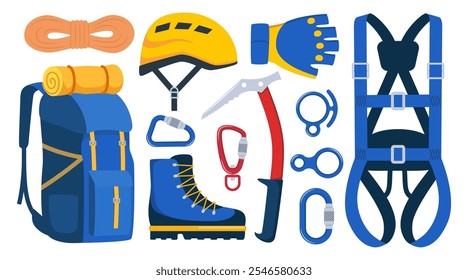 Climbing gear equipment. Mountaineering tool climber stuff elements for mountain rock climb safety rope knot harness carbines helmet ice ax extreme sport. Vector illustration