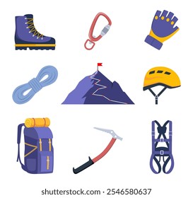 Climbing gear equipment. Mountaineering tool climber stuff elements for mountain rock climb safety rope knot harness carbines helmet ice ax extreme sport. Vector illustration