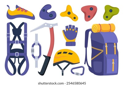 Climbing gear equipment. Mountaineering tool climber stuff elements for mountain rock climb safety rope knot harness carbines helmet ice ax extreme sport. Vector illustration