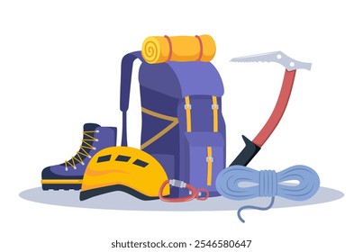 Climbing gear equipment. Mountaineering tool climber stuff elements for mountain rock climb safety rope knot harness carbines helmet ice ax extreme sport. Vector illustration