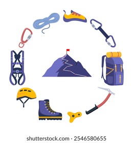 Climbing gear equipment. Mountaineering tool climber stuff elements for mountain rock climb safety rope knot harness carbines helmet ice ax extreme sport. Vector illustration