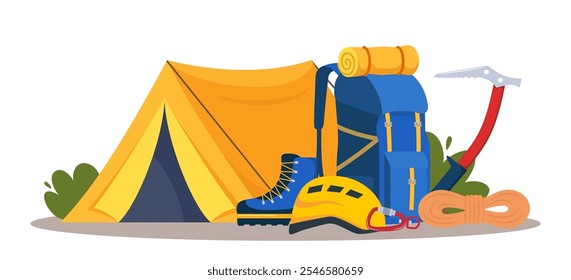 Climbing gear equipment. Mountaineering tool climber stuff elements for mountain rock climb safety rope knot harness carbines helmet ice ax extreme sport. Vector illustration