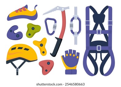 Climbing gear equipment. Mountaineering tool climber stuff elements for mountain rock climb safety rope knot harness carbines helmet ice ax extreme sport. Vector illustration