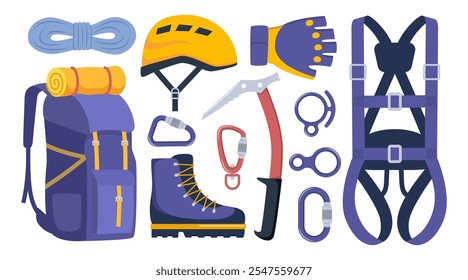 Climbing gear equipment. Mountaineering tool climber stuff elements for mountain rock climb safety rope knot harness carbines helmet ice ax extreme sport. Vector illustration