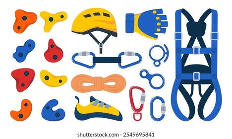 Climbing gear equipment. Mountaineering tool climber stuff elements for mountain rock climb safety rope knot harness carbines helmet ice ax extreme sport. Vector illustration