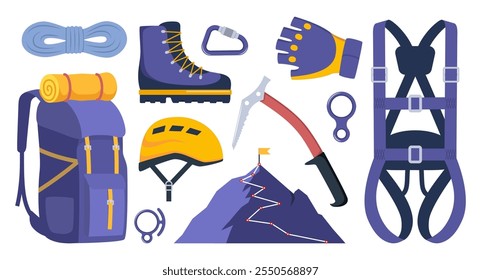 Climbing gear equipment. Mountaineering tool climber stuff elements for mountain rock climb safety rope knot harness carbines helmet ice ax extreme sport. Vector illustration