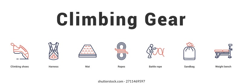 Climbing Gear Moderne und saubere Web-Banner-Illustration mit thematischen Symbolen für visuelle Kommunikation