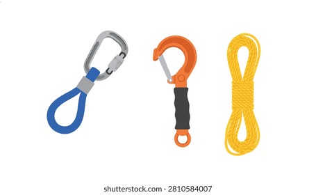 Climbing gear set including two different metal carabiners and a coil of bright yellow nylon rope for adventure activities.