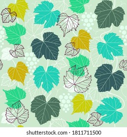Climbing grape vine seamless pattern design - grape leaves on greenish background