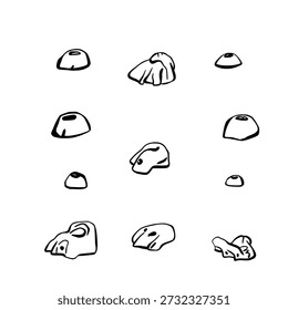 Climbing grips, holds set of different shapes for bouldering wall. Stones for indoor rock climbing in the gym. Vector drawing line art illustration isolated from background for extreme sports clipart