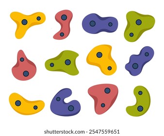 Climbing grips set. Climbing wall, climbing, bouldering, bouldering wall, boulder grips, climb, holders for climbers Vector illustration