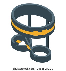 Climbing harness is being displayed with its straps and metal buckles