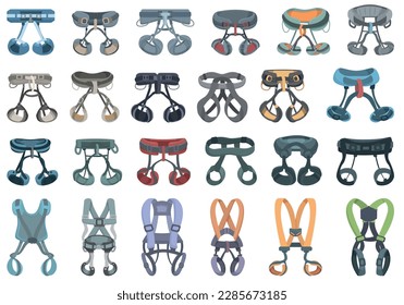 Climbing harness icons set cartoon vector. Gear equipment. Rock tool