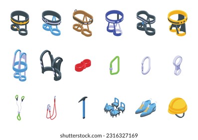 Climbing harness icons set isometric vector. Gear equipment. Mountain tool