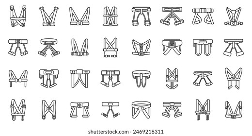 Climbing harness icons set vector. A collection of straps and harnesses are shown in a grid. The straps are of various sizes and colors, and they are all connected to a central point