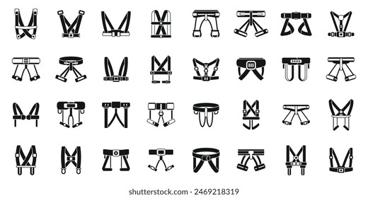 Climbing harness icons set vector. A collection of straps and belts, some of which are designed for use in sports. The straps and belts are of various shapes and sizes, and they are all black