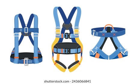 Climbing harness security rope for extreme sport alpinism vertical support set vector flat illustration. Mountaineering safety strength belt with gear hiking risk protection device climber accessory