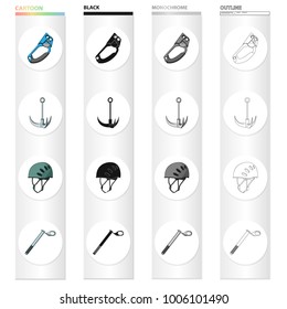 Climbing helmet, clamp,crampon, safety wedge. Climbing equipment set collection icons in cartoon black monochrome outline style vector symbol stock Isometric illustration web.