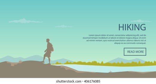 Climbing, hiking, backpacking, walking. Outdoor, sport, nature. Flat design. Outdoor recreation concept. Travel with backpack. Camping. Landscape.