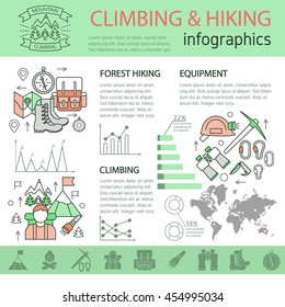 Climbing and hiking linear infographics with mountain equipment world map tourist objects graphs statistics diagrams vector illustration