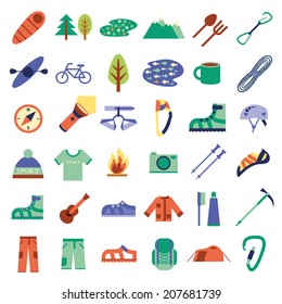 Climbing, hiking, trekking, camping, speleology and ice climbing equipment vector set. Vector flat icons