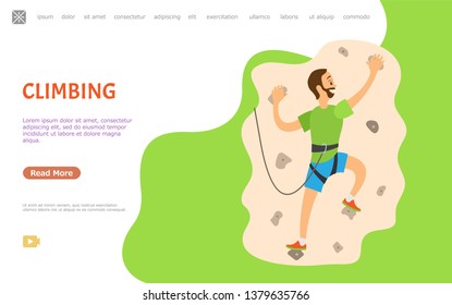 Climbing hobby vector, man wearing special protective equipment hanging on wall with rocks and stones. Extreme climb sporting activity of male. Website or webpage template, landing page flat style