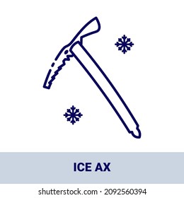 Climbing ice axe outline icon with title. Collection of icons on the theme of winter sports and outdoor recreation. Vector monochrome illustrations isolated on white background.